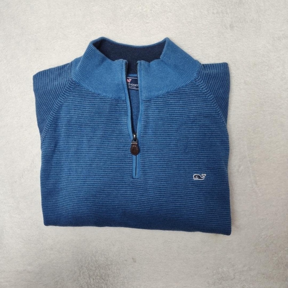Vineyard Vines Sweater Mens L Blue 1/4 Zip Pullover Mock Neck Cotton Striped